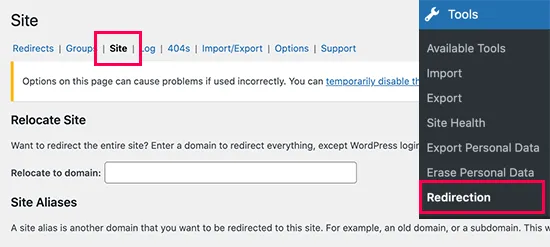 Site settings in Redirection plugin