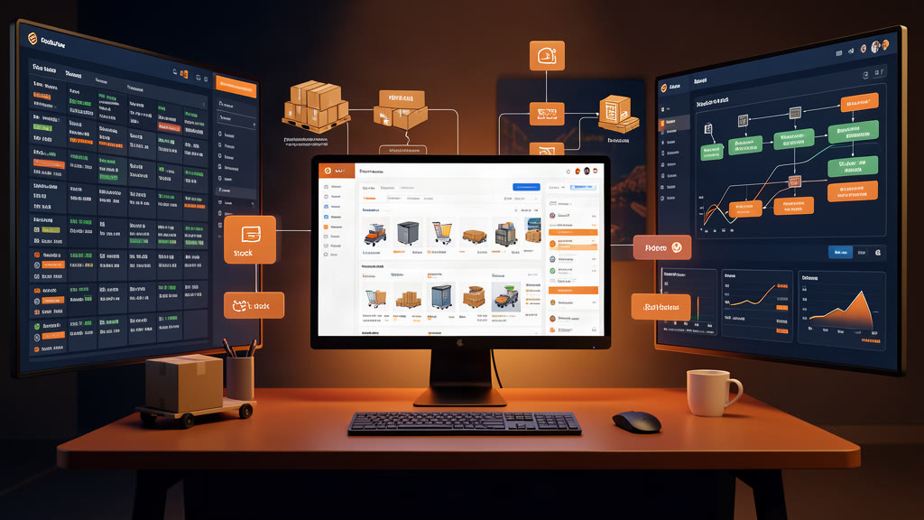 Abstract e-commerce scene showing storefront grids, shopping cart icons, and cloud-connected product displays representing Magento platform capabilities