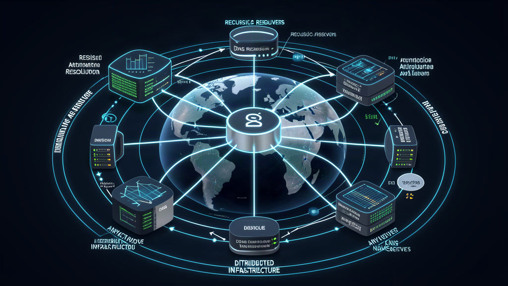 A layered DNS lookup diagram linking a client, a cached recursive resolver, and an authoritative nameserver across an anycast globe