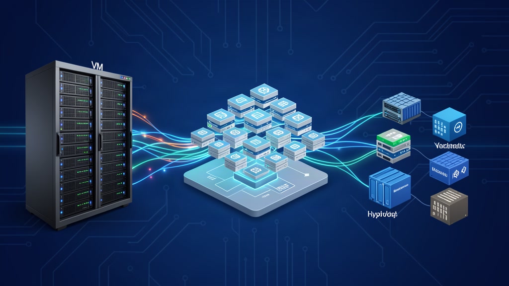 KubeVirt virtual machines and container technology converging on a Kubernetes cluster, showing hybrid infrastructure management