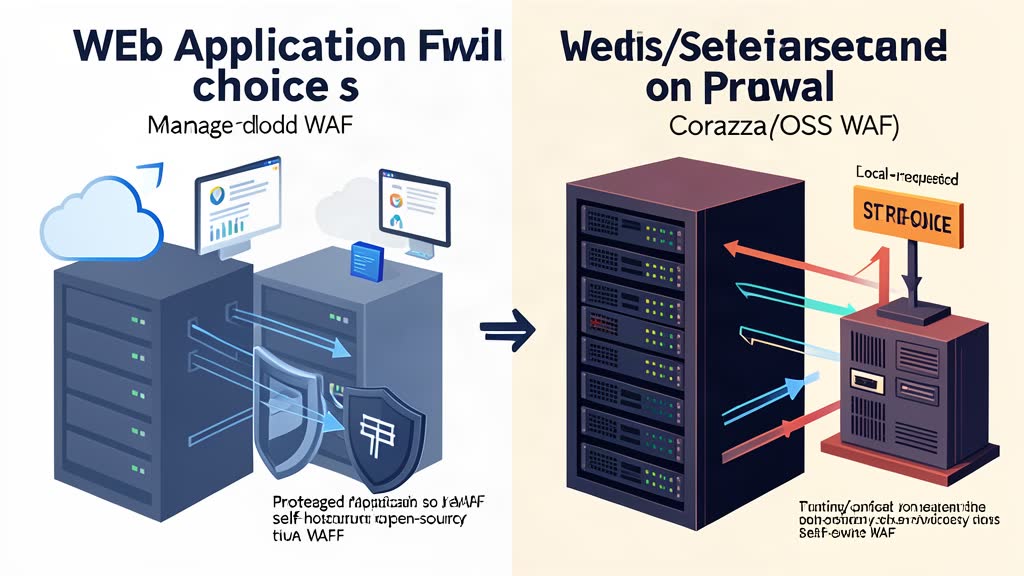 Split-screen infographic comparing a managed cloud web application firewall with shields and servers against a self-hosted on-premise server rack and appliance.