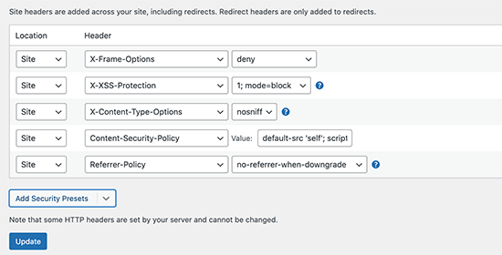 HTTP security header presets